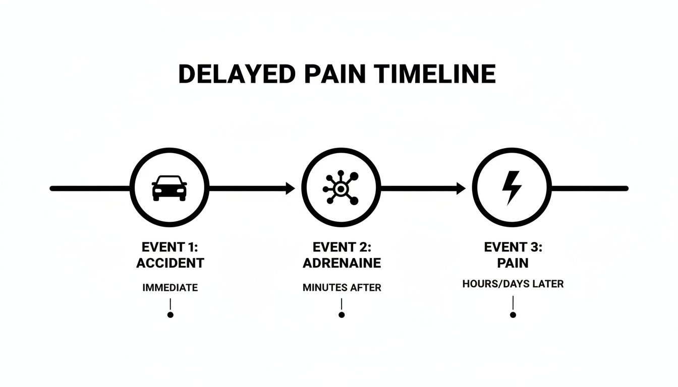 A timeline illustrating delayed pain after an accident, showing immediate accident, adrenaline, and subsequent pain.