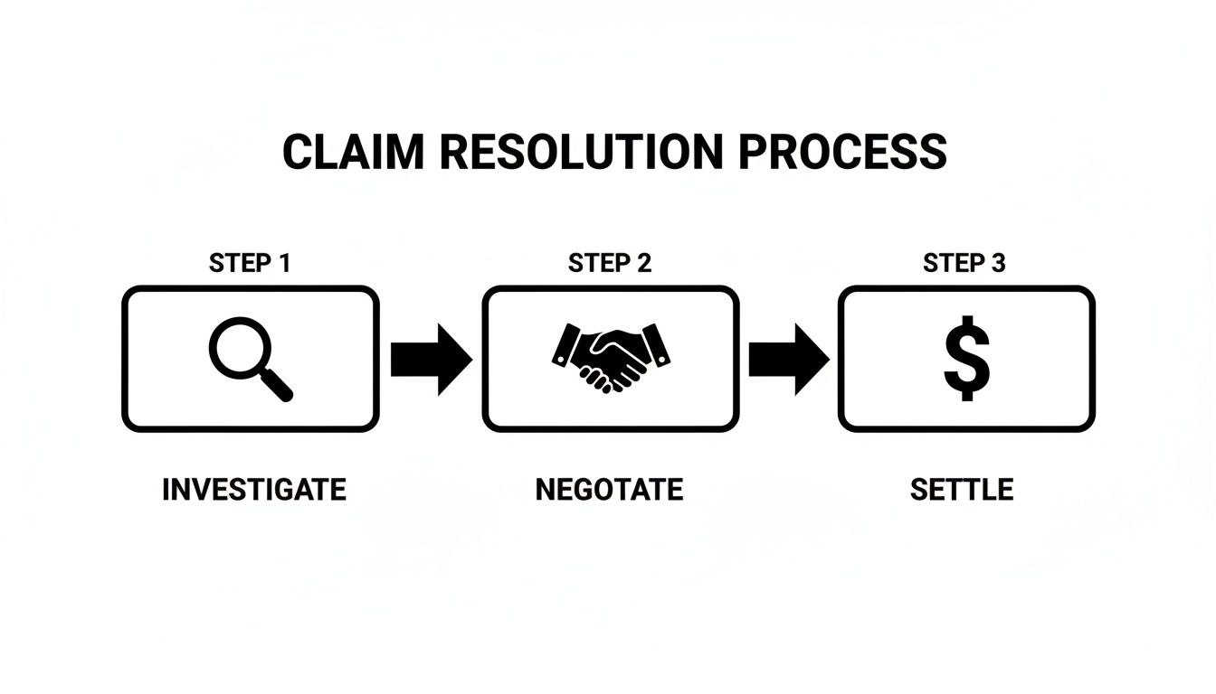 A simple diagram illustrating the three steps of a claim resolution process: investigate, negotiate, settle.