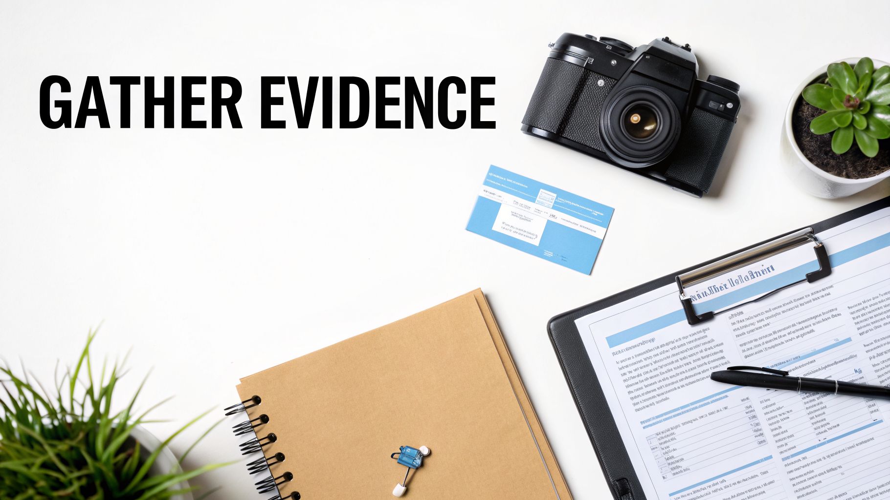 Overhead view of an investigation desk with 'GATHER EVIDENCE' text, camera, clipboard, and notebook.