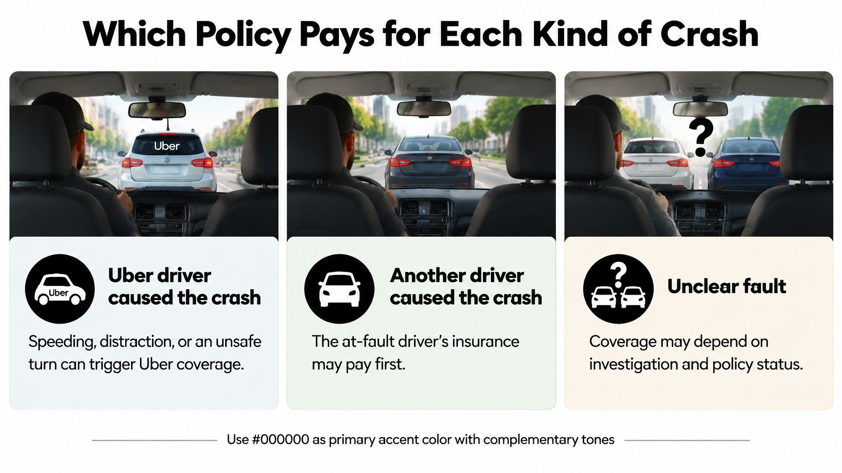 An infographic showing which insurance policy covers different scenarios when an Uber passenger is involved in a crash.