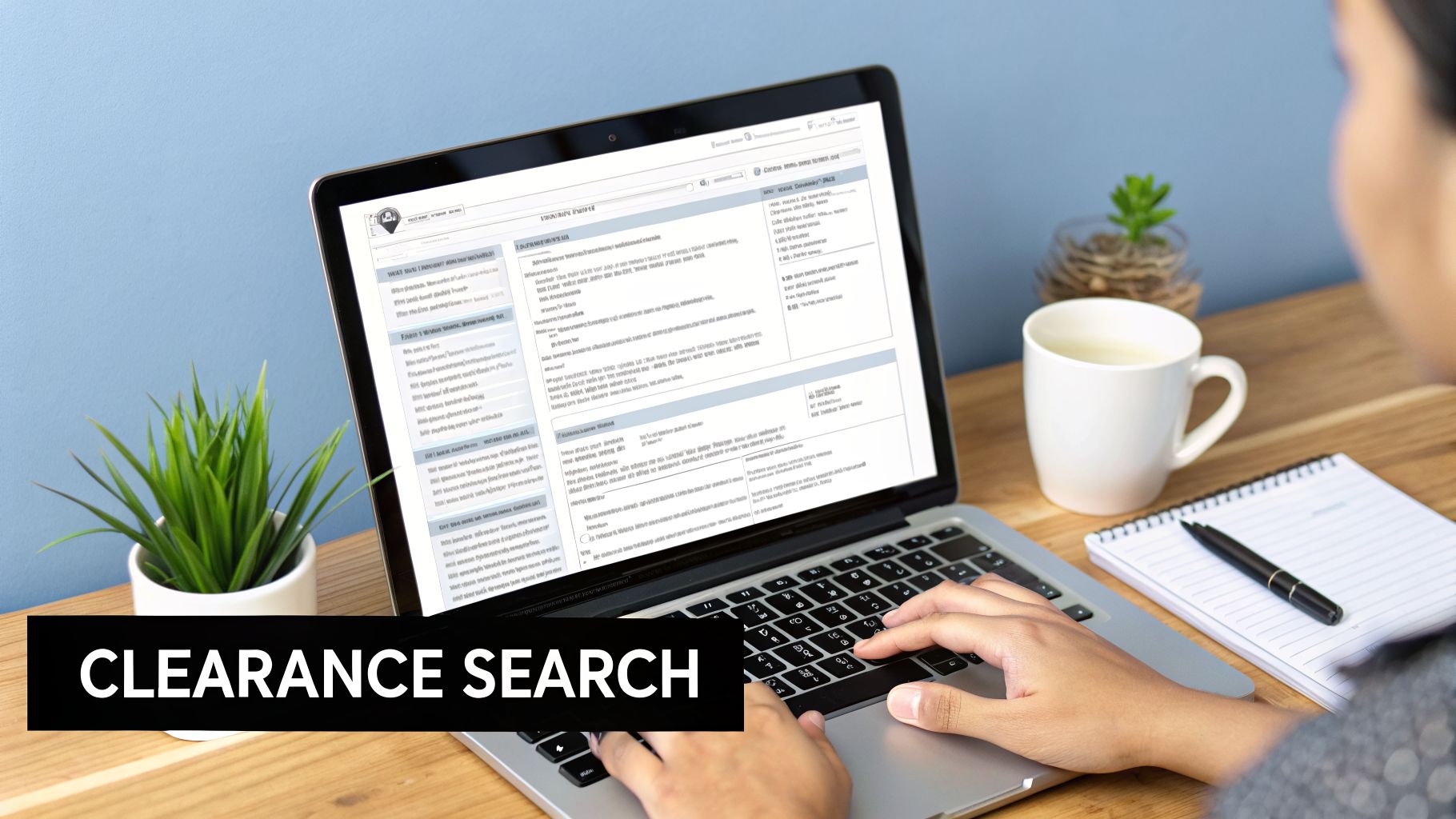 Person typing on a laptop displaying a 'Clearance Search' web page with a drink and notepad.