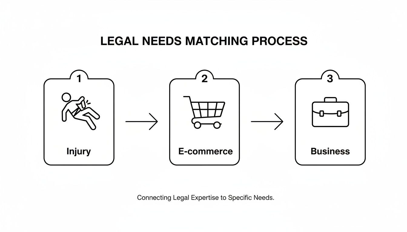 Diagram illustrating the legal needs matching process from injury and e-commerce to business legal services.