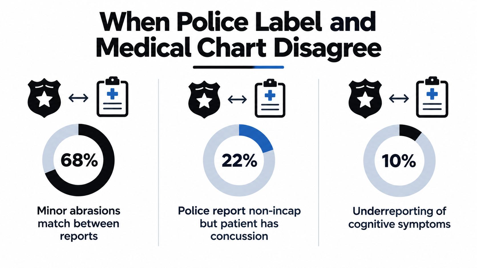 An infographic illustrating discrepancies between police labels and medical charts regarding injury severity and cognitive symptom reporting.