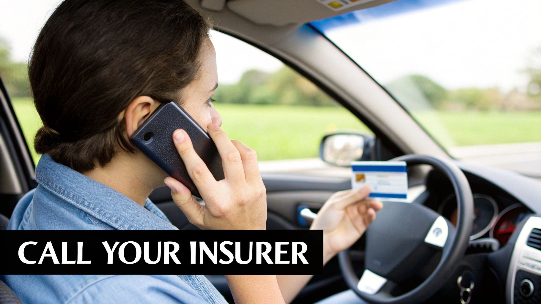 A person in a car speaks on a phone, holding an insurance card, with text "CALL YOUR INSURER."