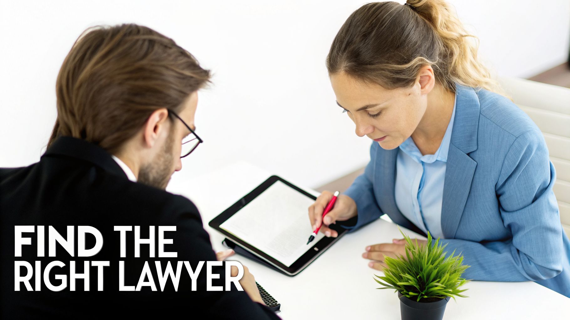 Two professionals discussing legal matters, with a woman reviewing documents on a tablet with a pen.