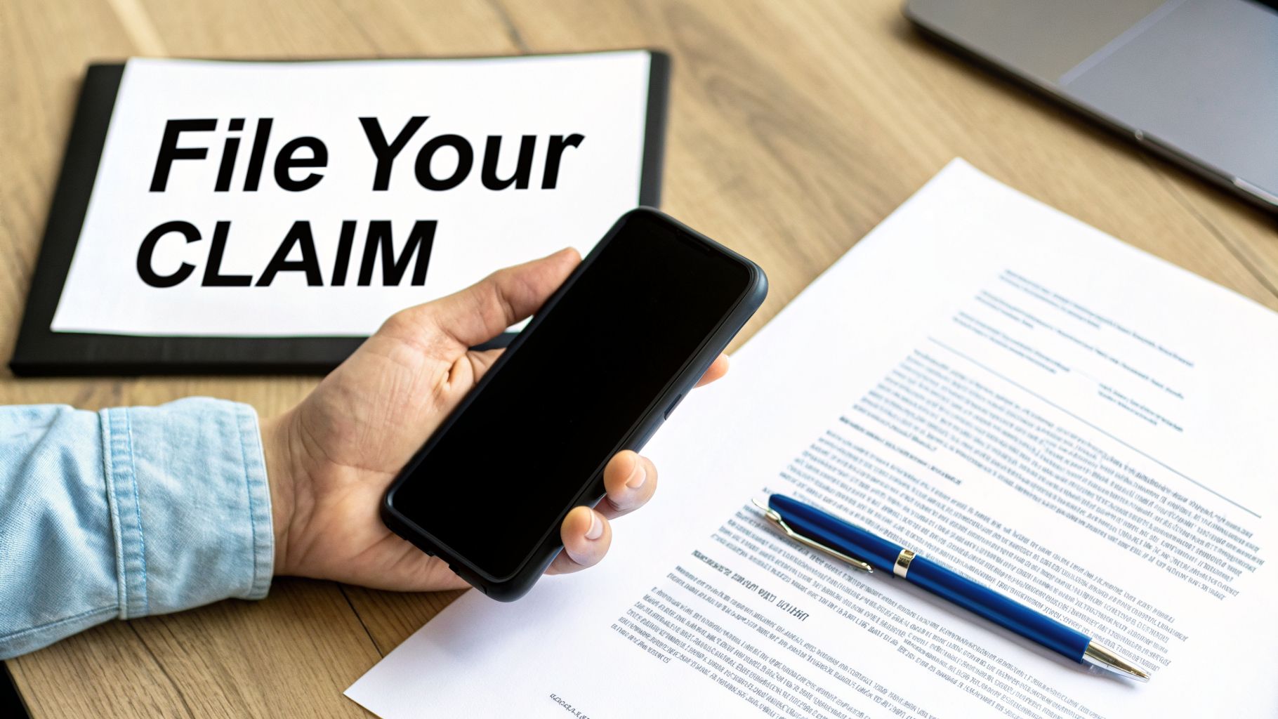 A person holding a smartphone next to documents with 'File Your Claim' on a wooden desk.