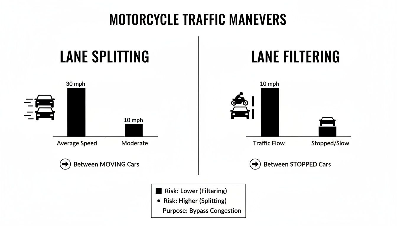 Infographic comparing motorcycle lane splitting between moving cars and lane filtering between stopped cars, with speed and risk.