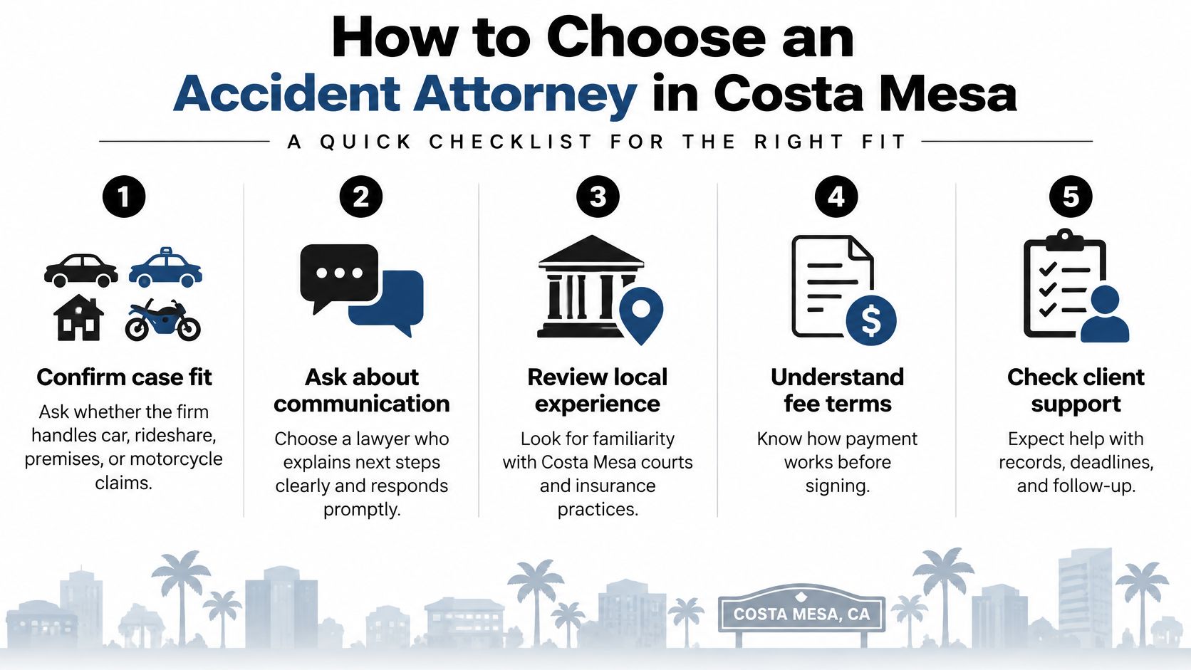 A five-step checklist on how to choose the right accident attorney in Costa Mesa, California.