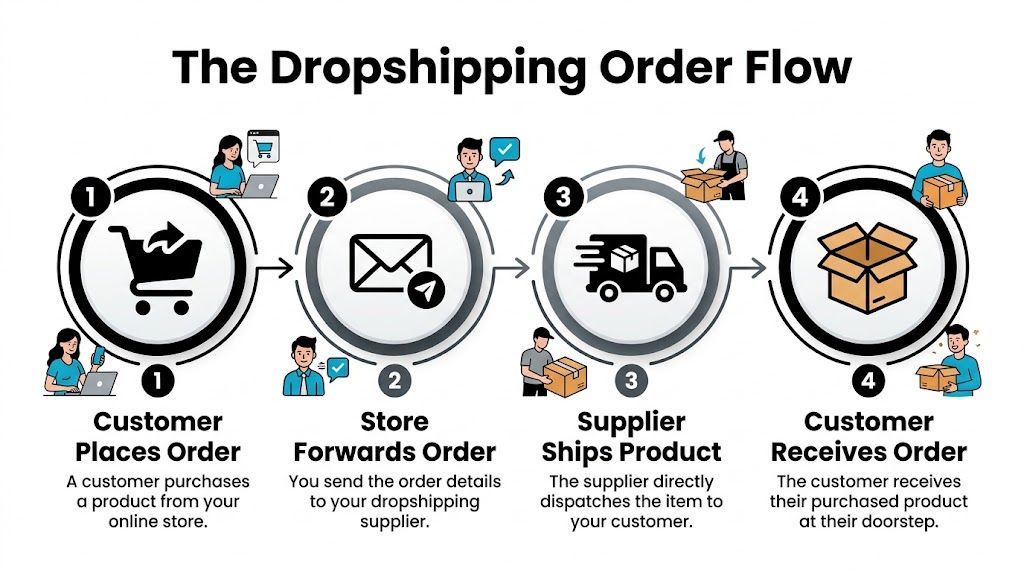 A four-step infographic illustrating the dropshipping order flow process from customer purchase to product delivery.