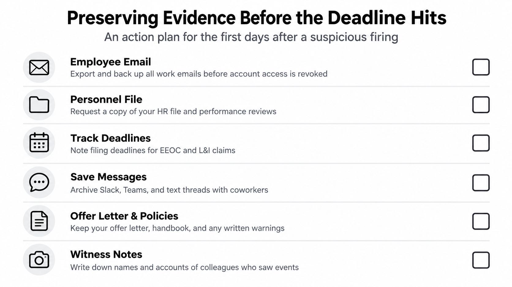 A checklist titled Preserving Evidence Before the Deadline Hits to guide employees after a suspicious firing.