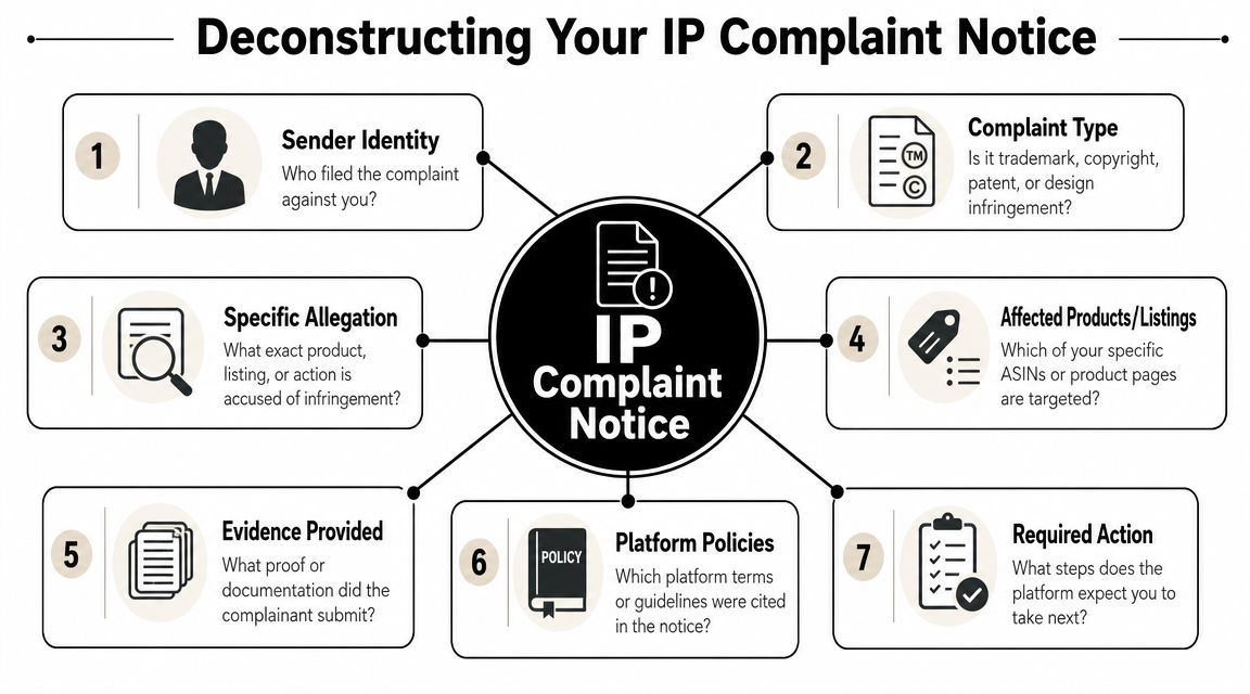 A diagram outlining the seven key steps for deconstructing and understanding an intellectual property complaint notice.