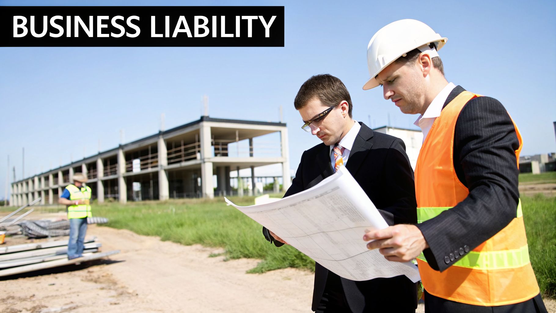Engineers and business professionals review blueprints on an unfinished construction site.