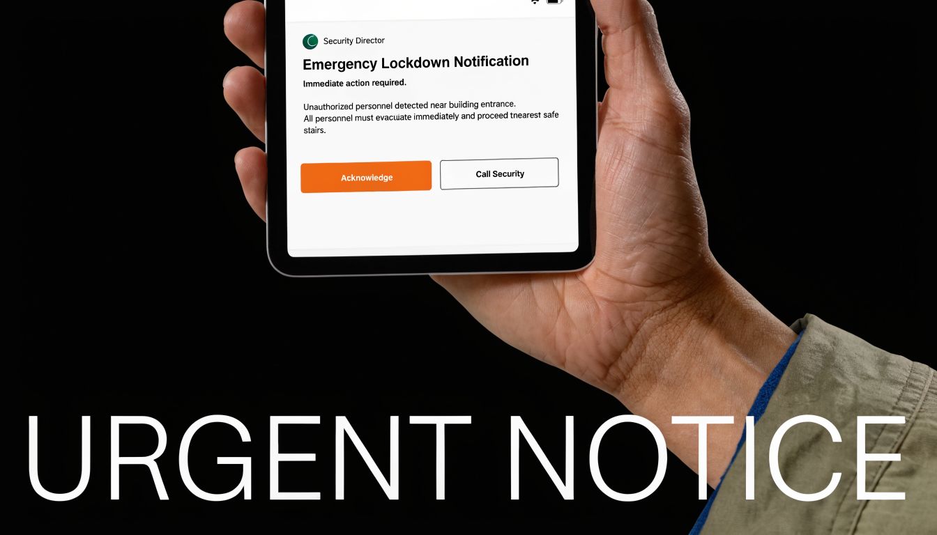 A person holding a tablet displaying an emergency security lockdown notification requiring immediate building evacuation.