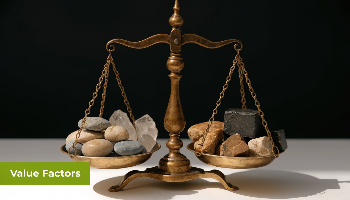 An antique balance scale weighing different stones and minerals representing the concept of value factors.