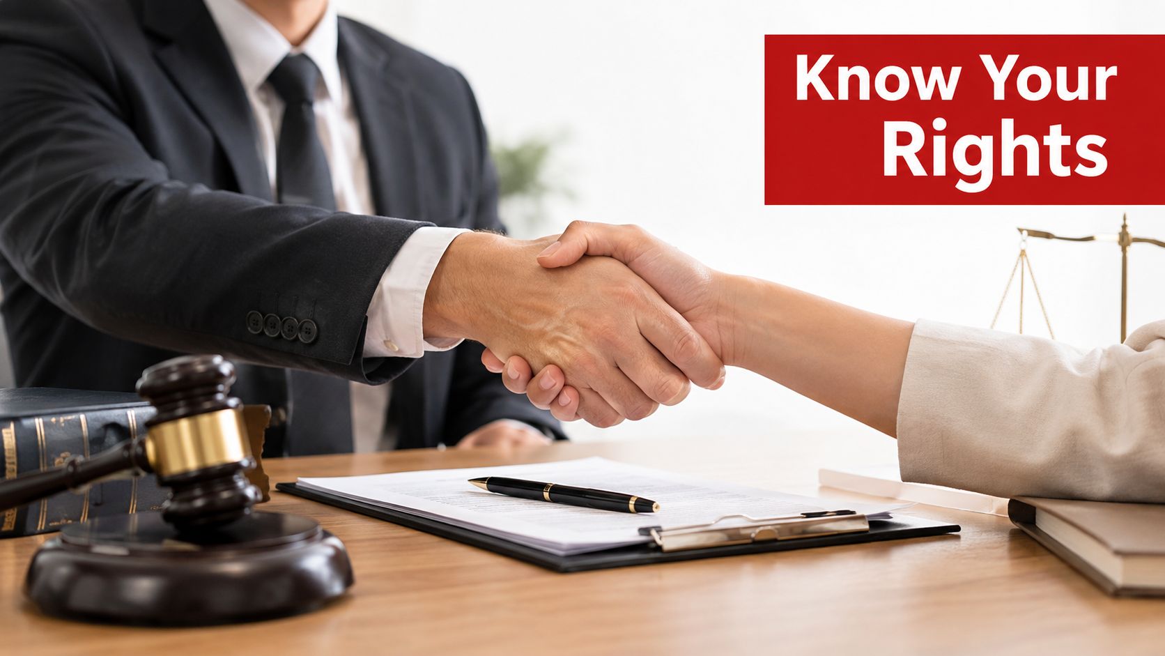 A professional lawyer and a client shaking hands over a legal document with a gavel present.