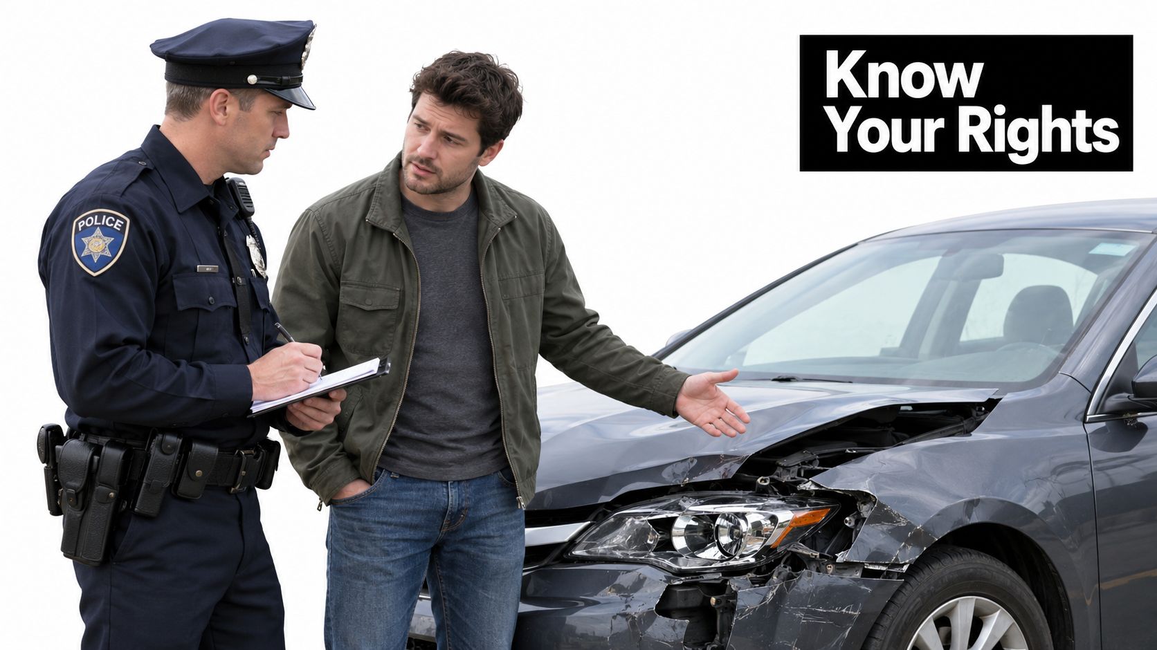 A police officer talks to a driver beside a damaged gray car after a road accident.