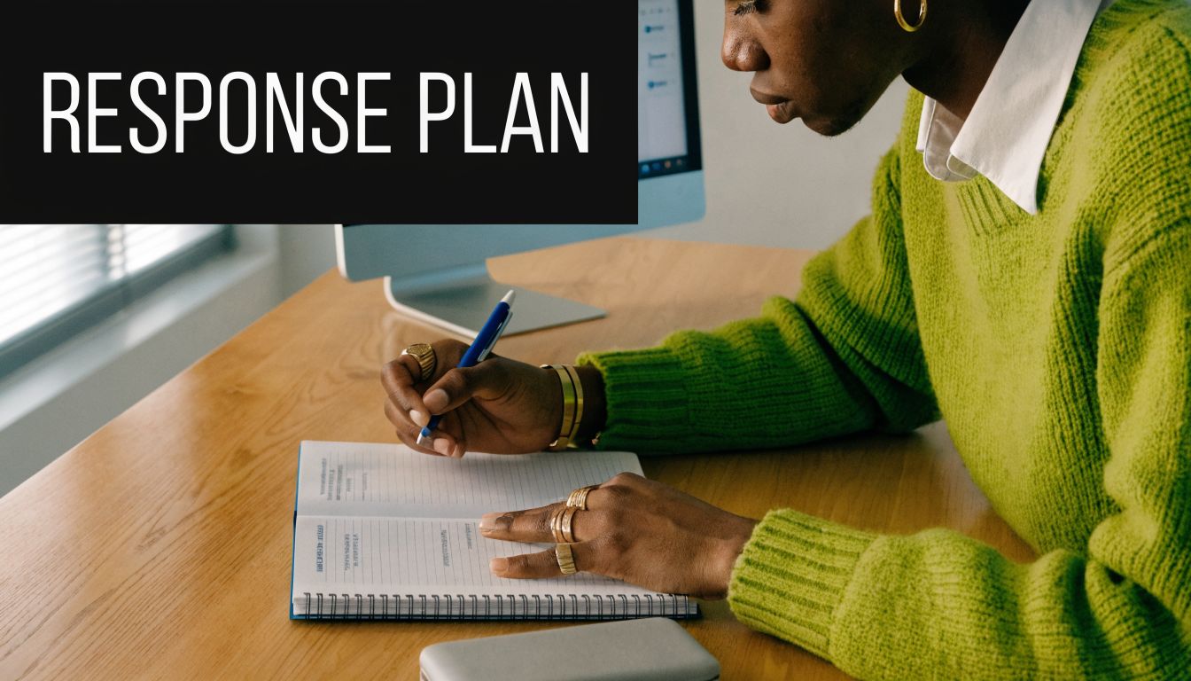 A person writing in a notebook at a desk with a computer, titled Response Plan.