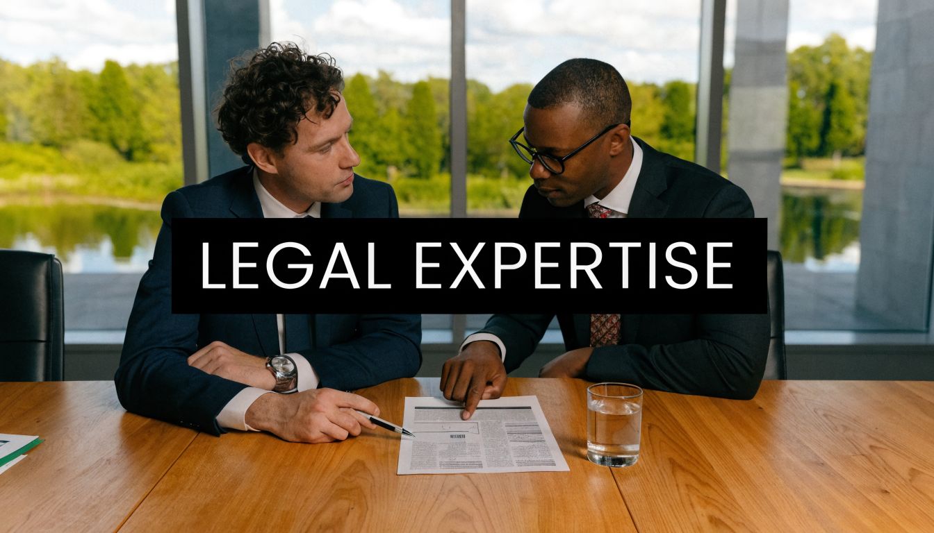 Two professional lawyers reviewing a legal document at a wooden conference table in a modern office.