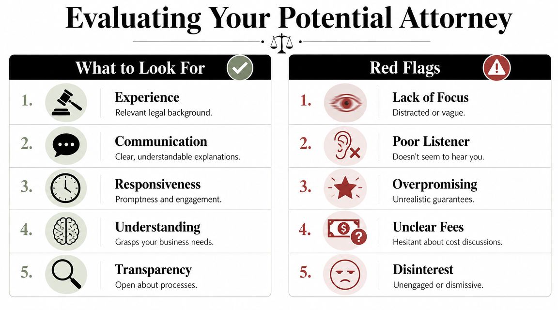A comparison chart outlining key traits to look for and red flags when evaluating a potential attorney.
