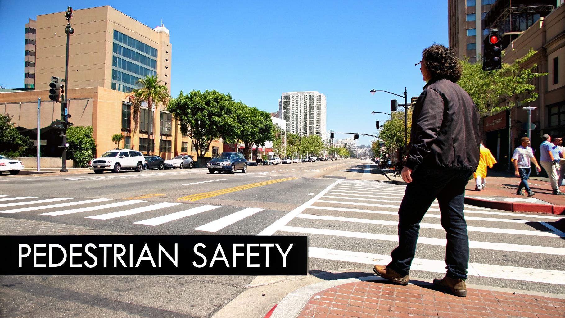 A person stands at a crosswalk on a sunny urban street with cars and buildings in the background.