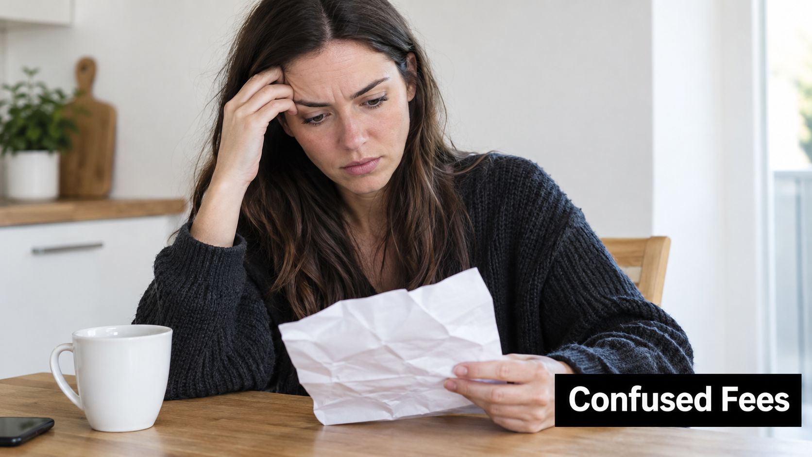 A concerned woman looks at a document in her kitchen while sitting at a table.