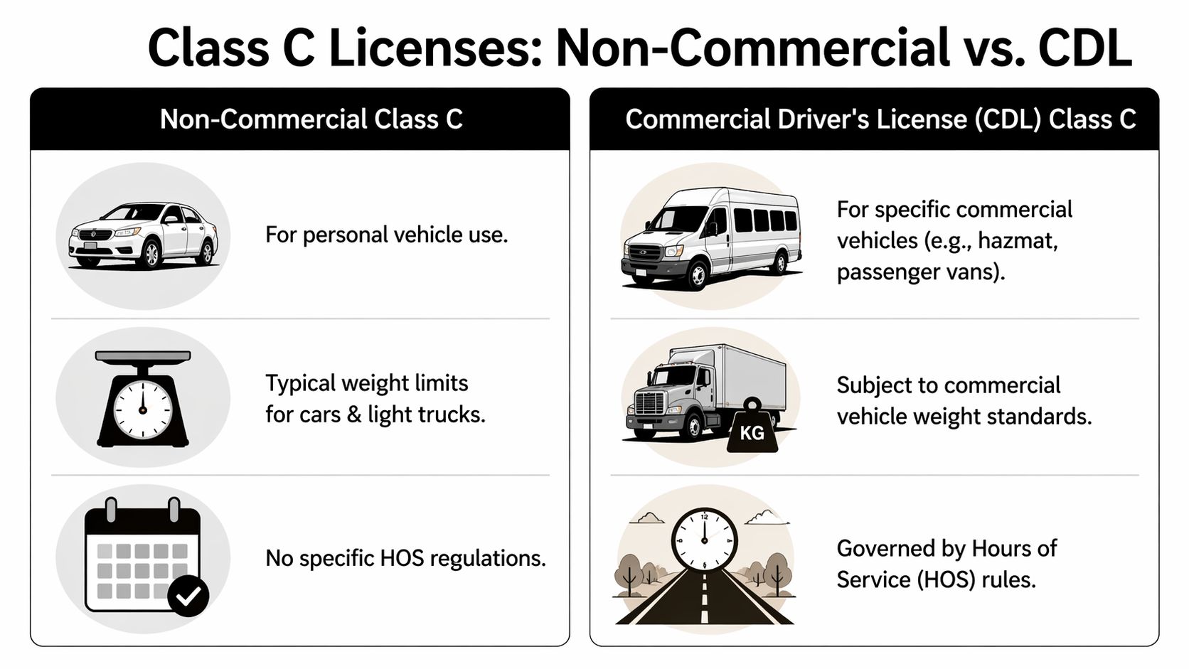 A comparison chart showing the differences between non-commercial Class C licenses and commercial Class C driver licenses.