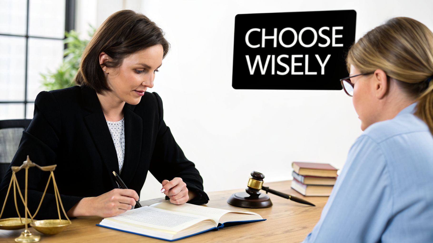 A lawyer consults a client at a desk with legal scales, a gavel, and 'CHOOSE WISELY' sign.