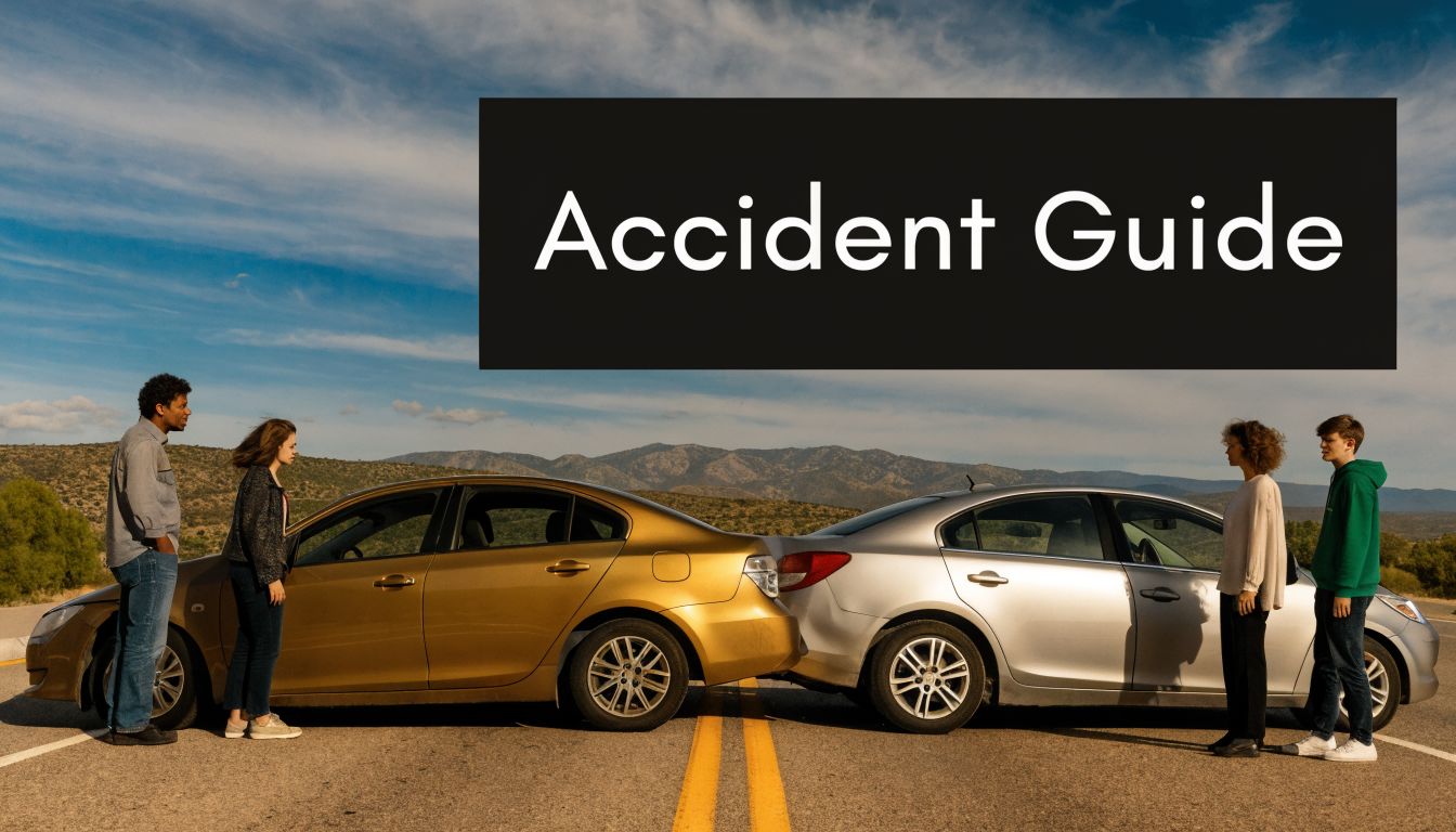 Four individuals standing near two vehicles involved in a road collision on a rural highway.