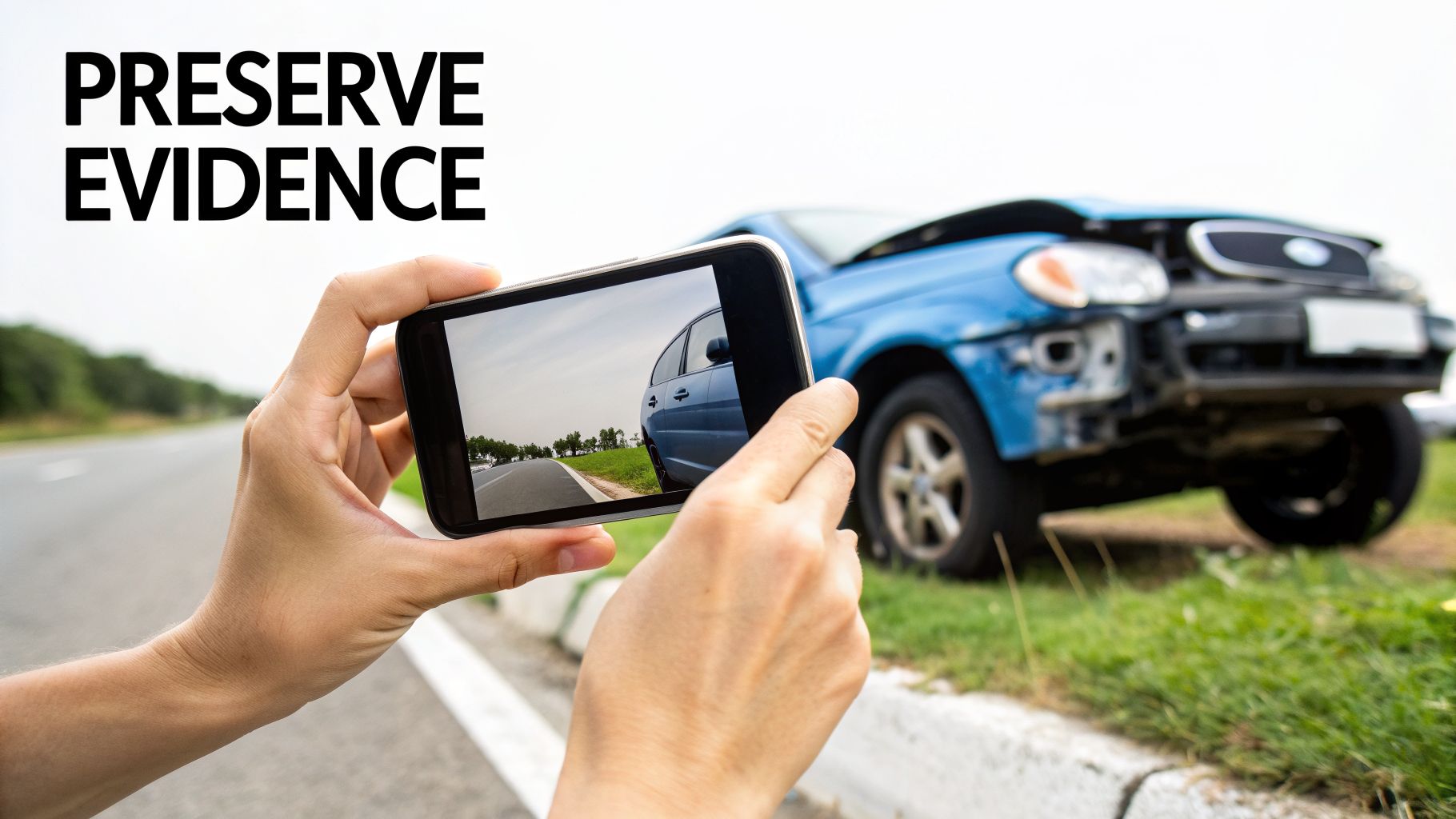 Hands holding a smartphone to photograph a damaged blue car on the roadside, with 'PRESERVE EVIDENCE' text.