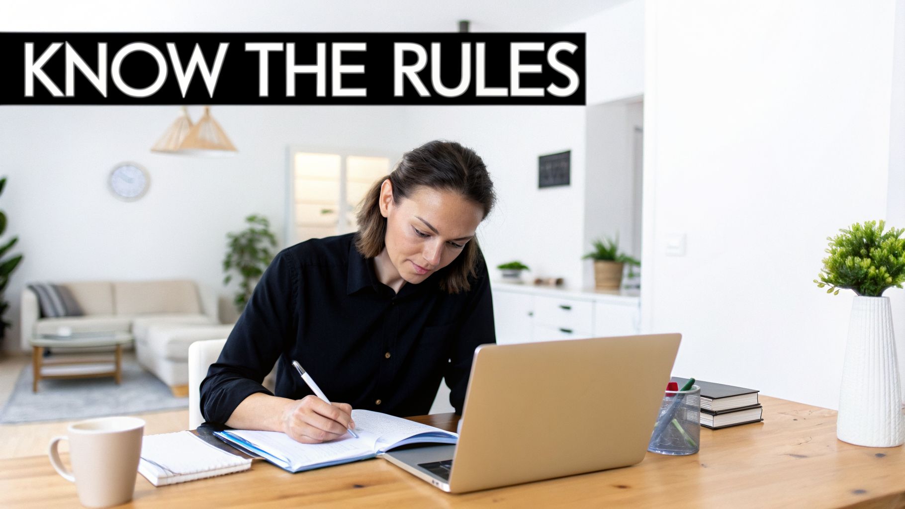 Woman writing in a notebook at a desk with a laptop and coffee mug, 'KNOW THE RULES' banner.