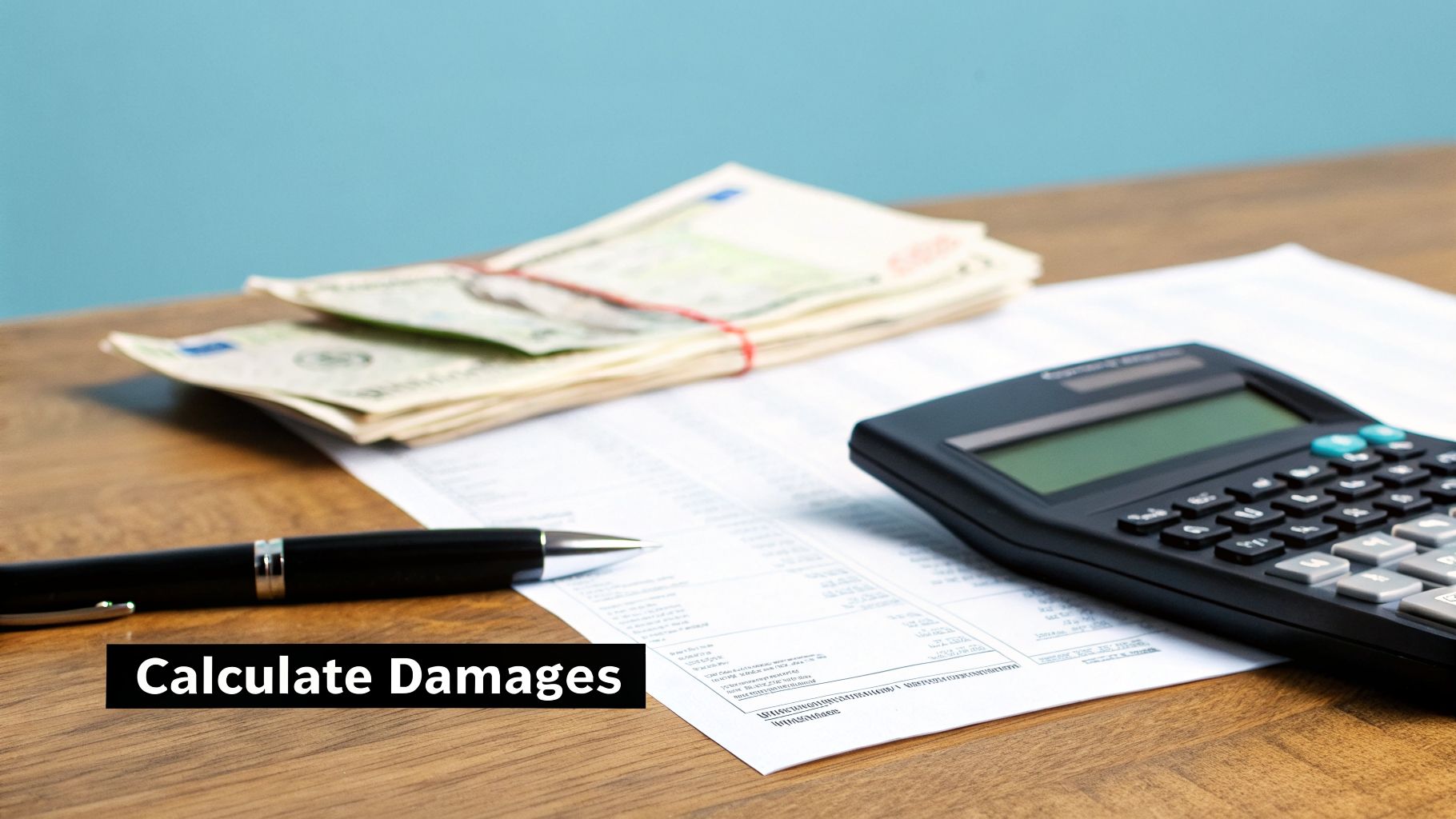 A calculator, pen, bundles of money, and financial papers on a wooden desk with a 'Calculate Damages' overlay.