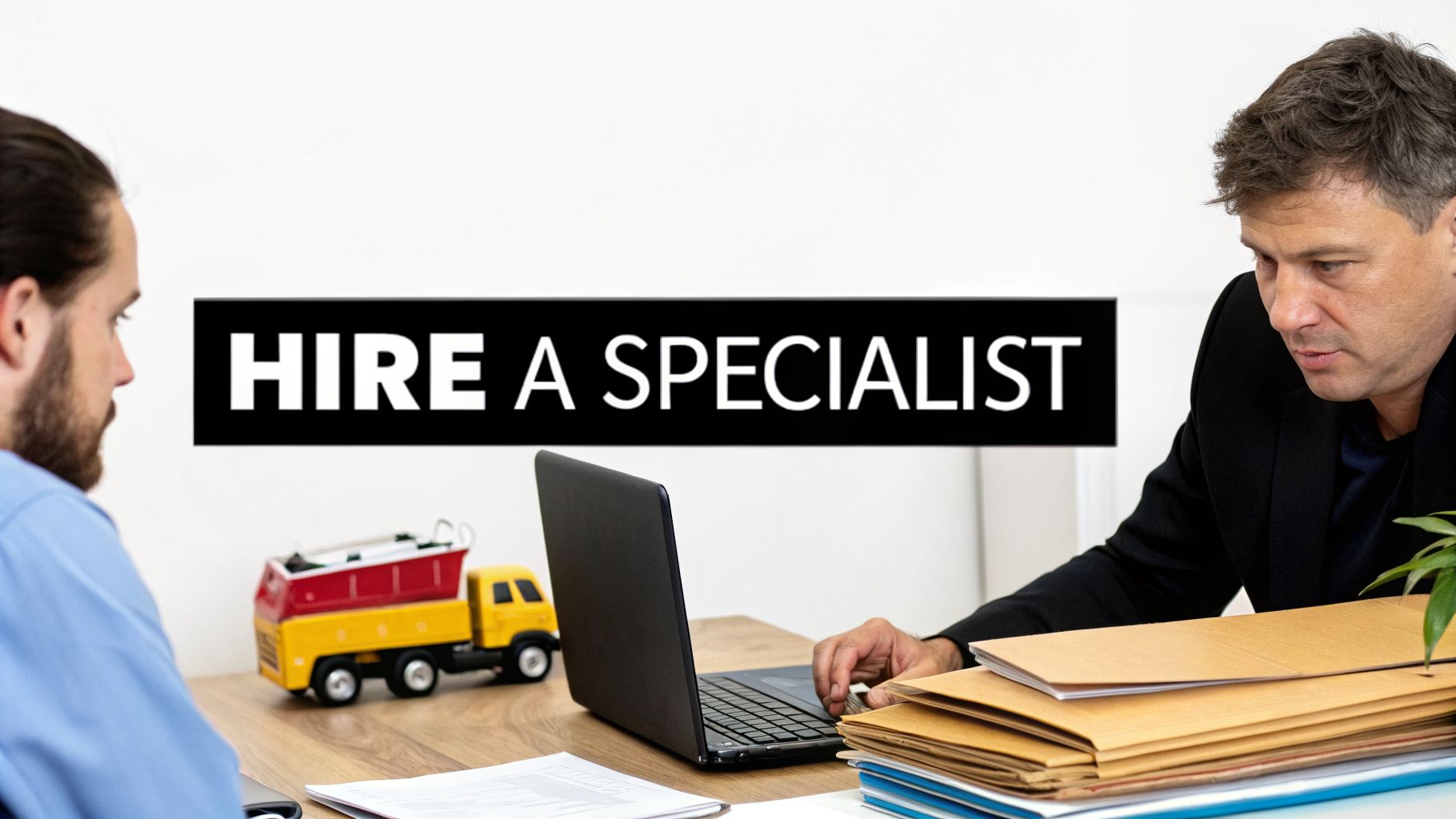 Two professionals at a desk with a laptop and folders, under a sign saying 'HIRE A SPECIALIST'.