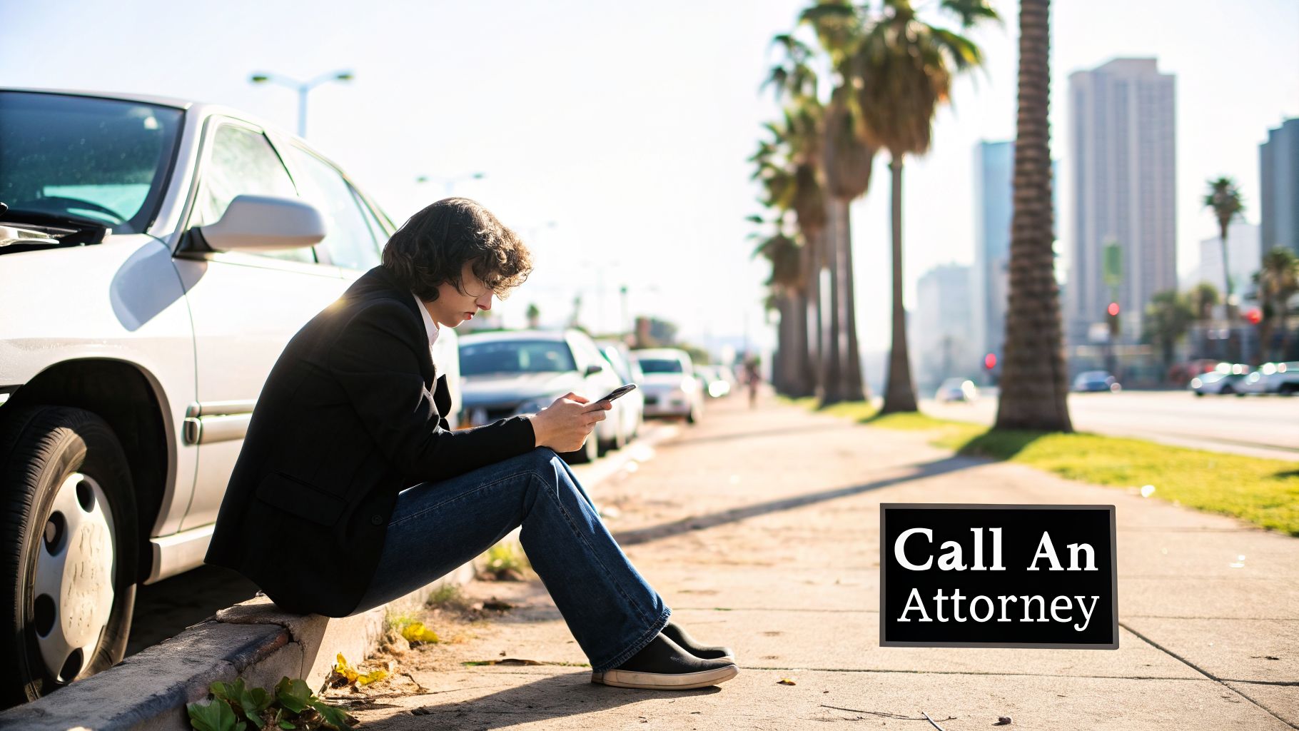 A person sits on a city curb next to a white car, looking at their phone, with a 'Call An Attorney' sign.