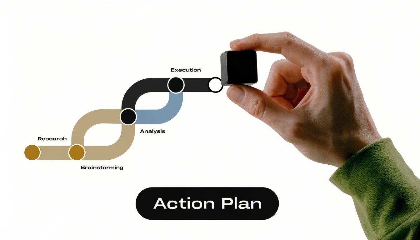 A hand placing a black cube block on a graphic chart representing a business action plan process.