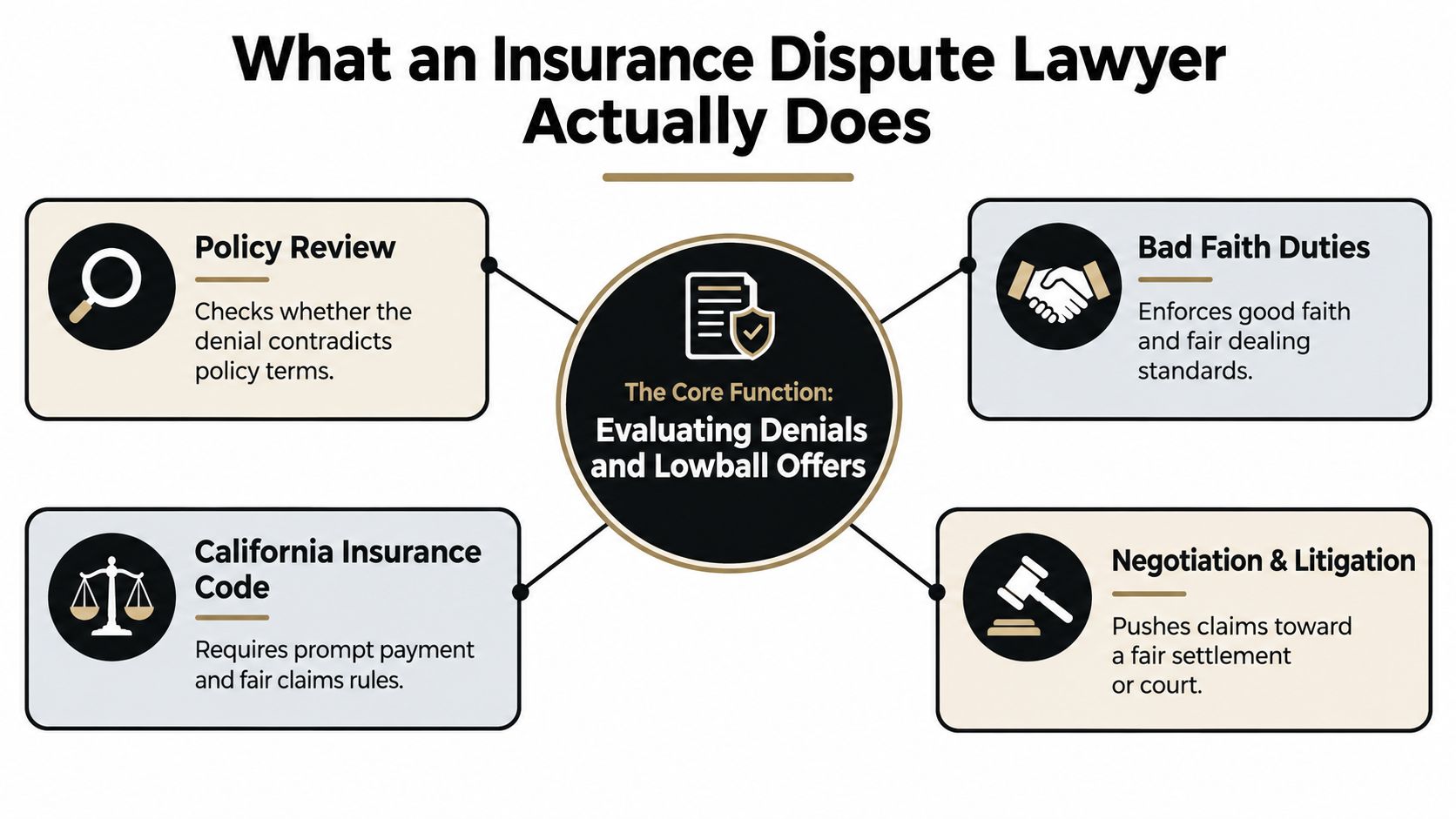 An infographic detailing the core functions and responsibilities of an insurance dispute lawyer for policyholders.
