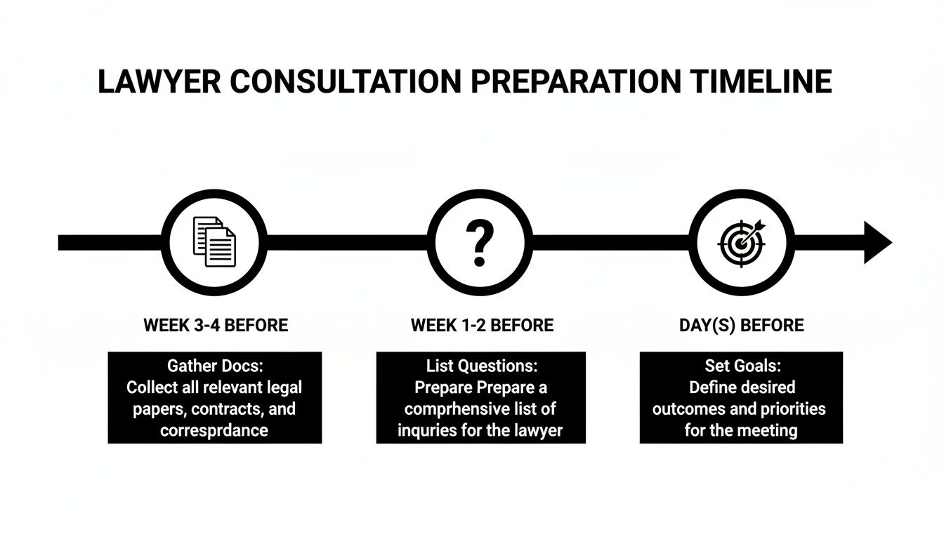 Timeline showing preparation steps for a lawyer consultation: gather documents, list questions, and set goals.