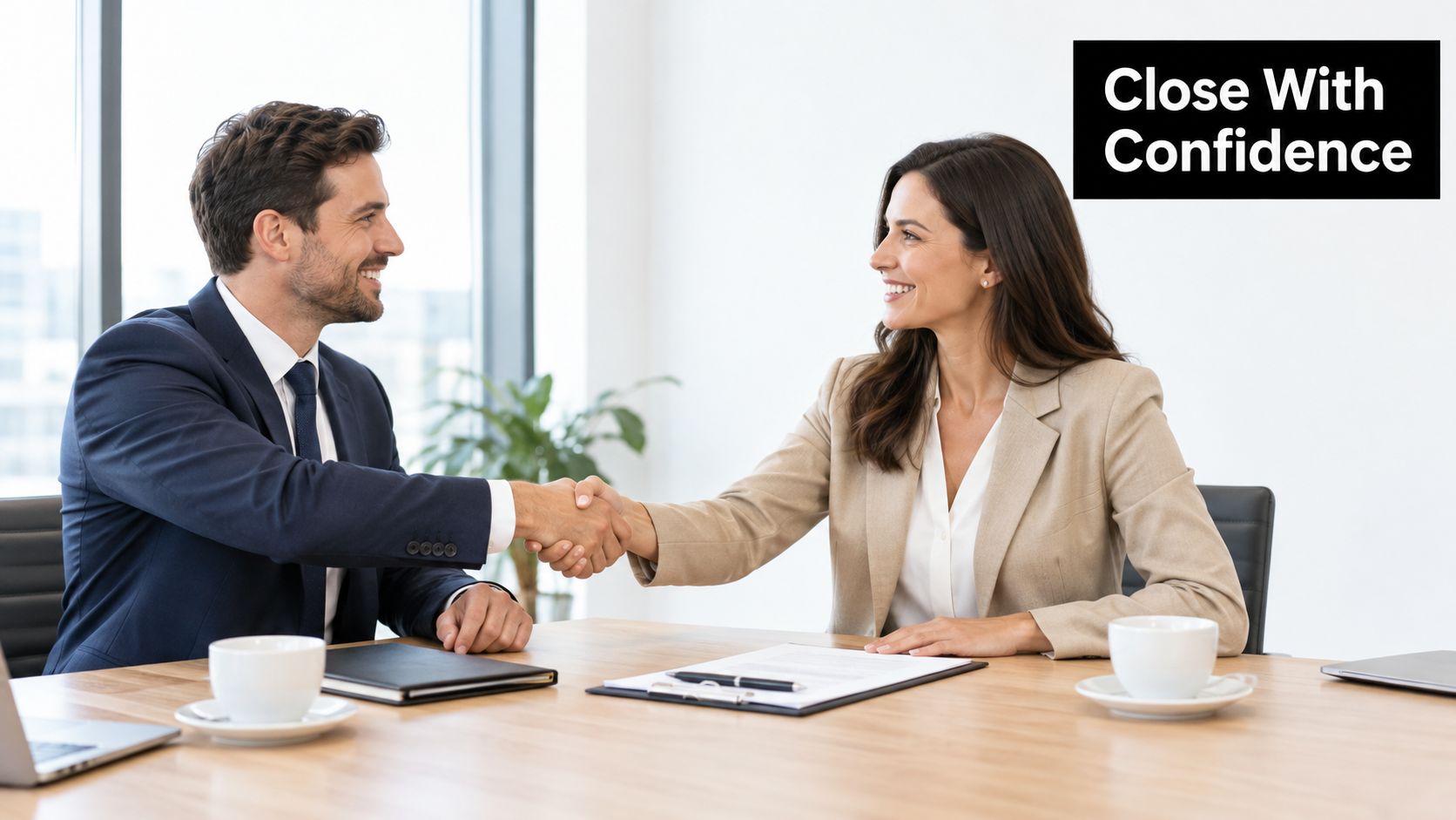 A professional man and woman shaking hands across an office desk after concluding a business agreement.