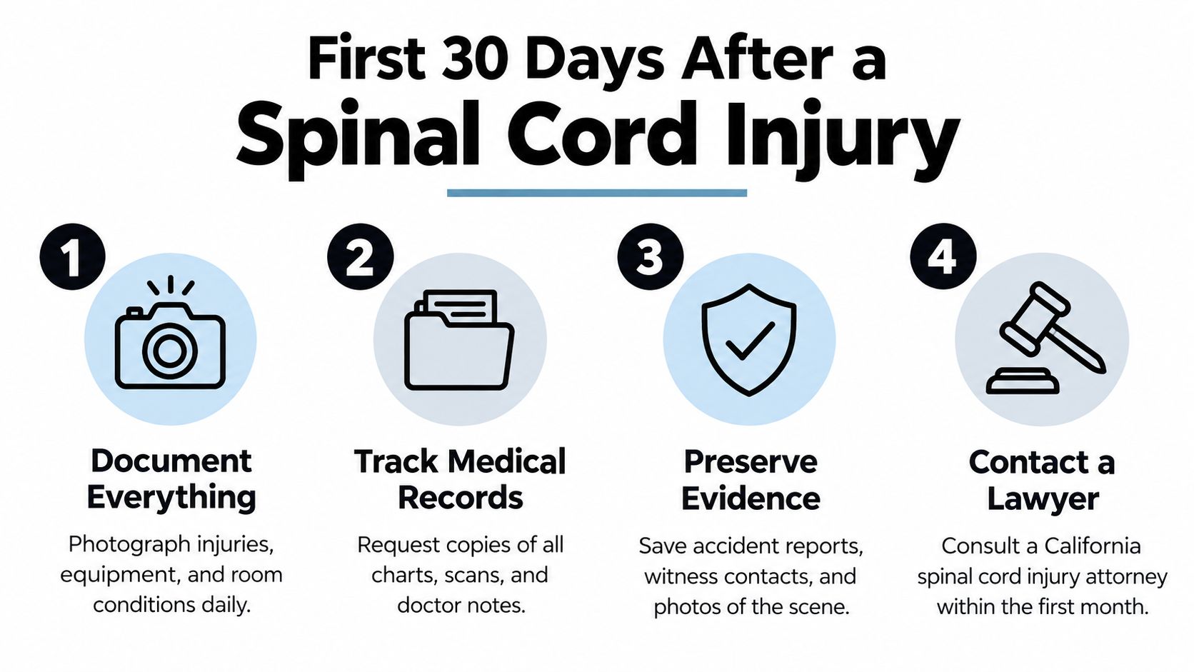 An infographic outlines four essential steps for managing a spinal cord injury in the first 30 days.