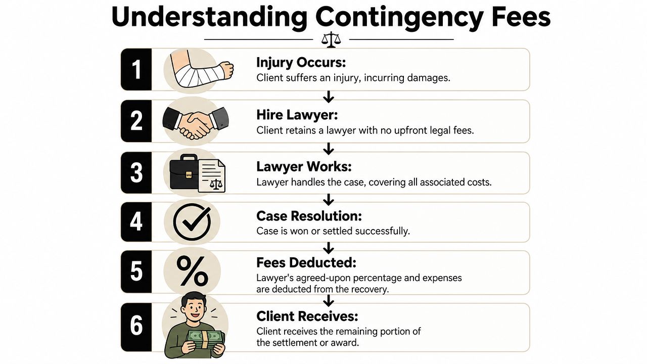 A six-step infographic explaining the process of how contingency fees work for personal injury legal cases.