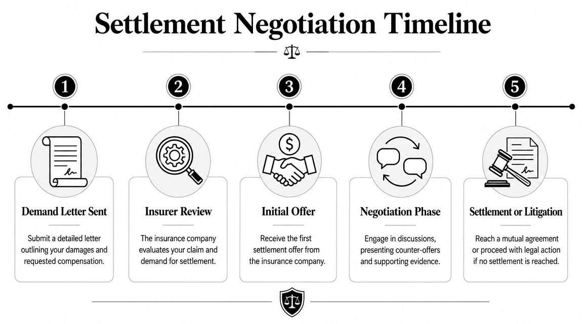 A five-step infographic showing the legal process of a settlement negotiation timeline for injury claims.