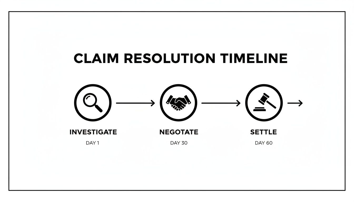 Timeline illustrating a claim resolution process with steps for investigation, negotiation, and settlement.