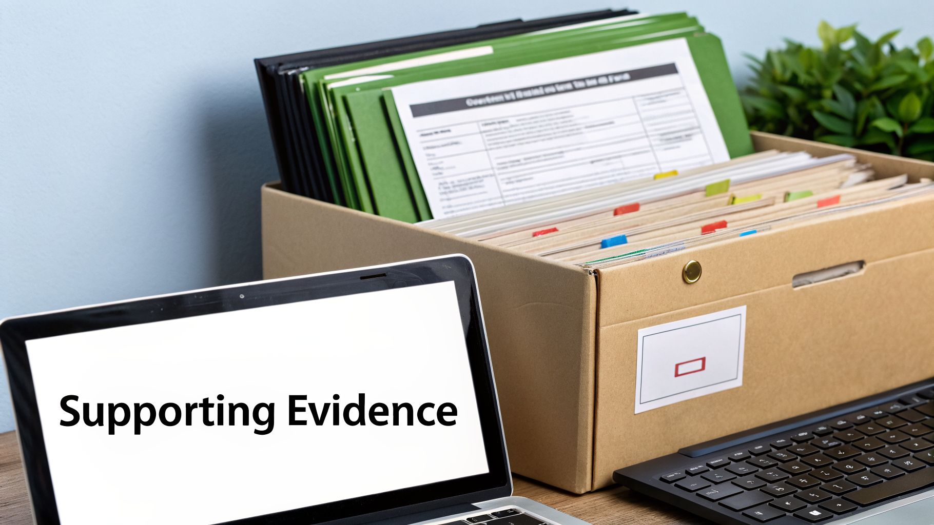 A laptop displays 'Supporting Evidence' next to a cardboard box filled with organized files and folders.