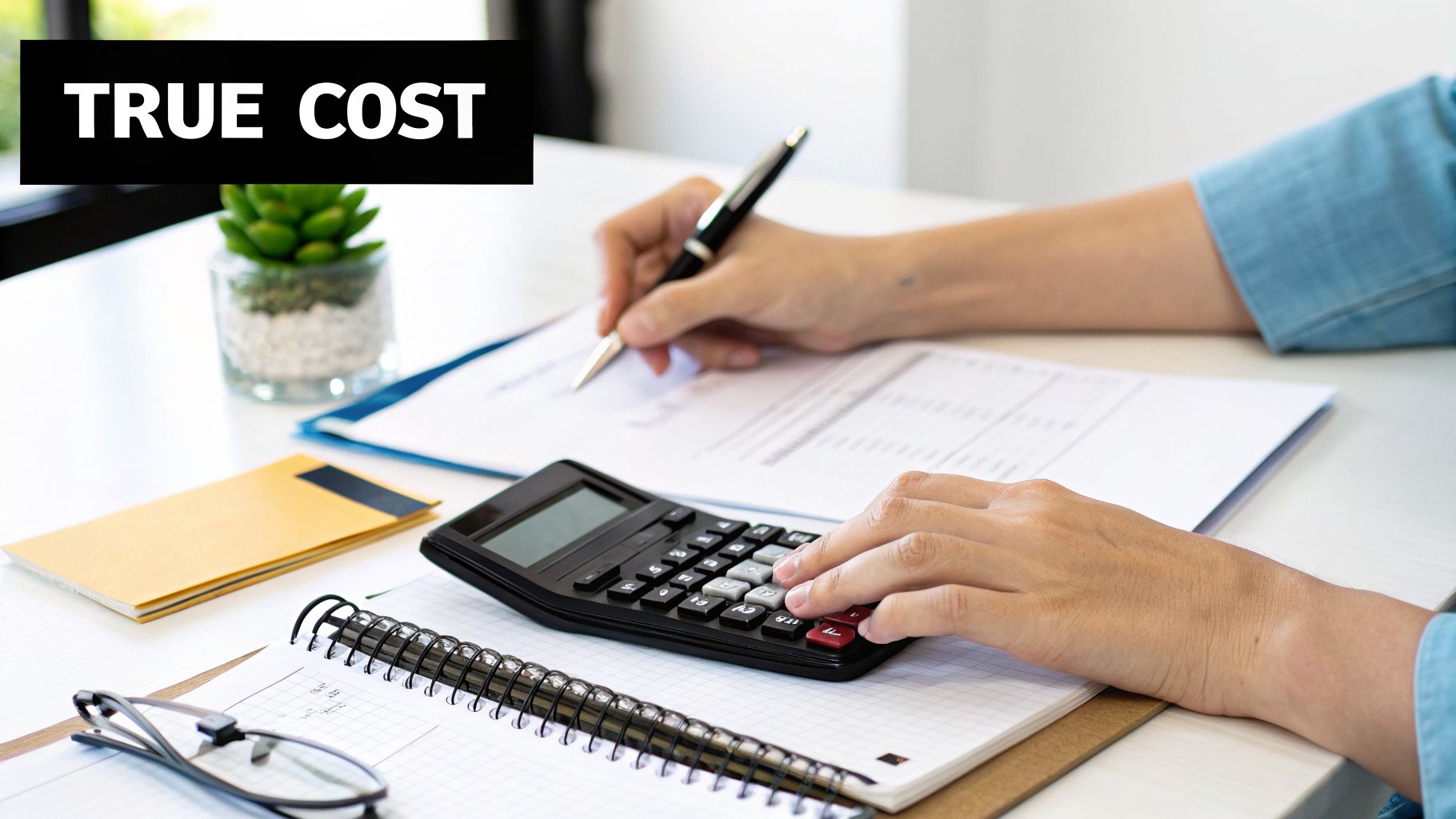 Hands calculating true cost on a desk with a calculator, pen, and documents.