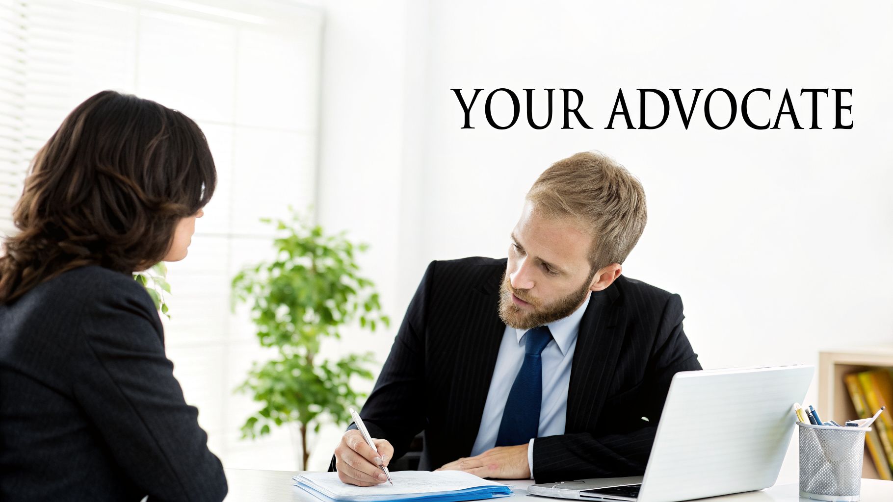 A male lawyer advises a female client in an office, writing on documents.