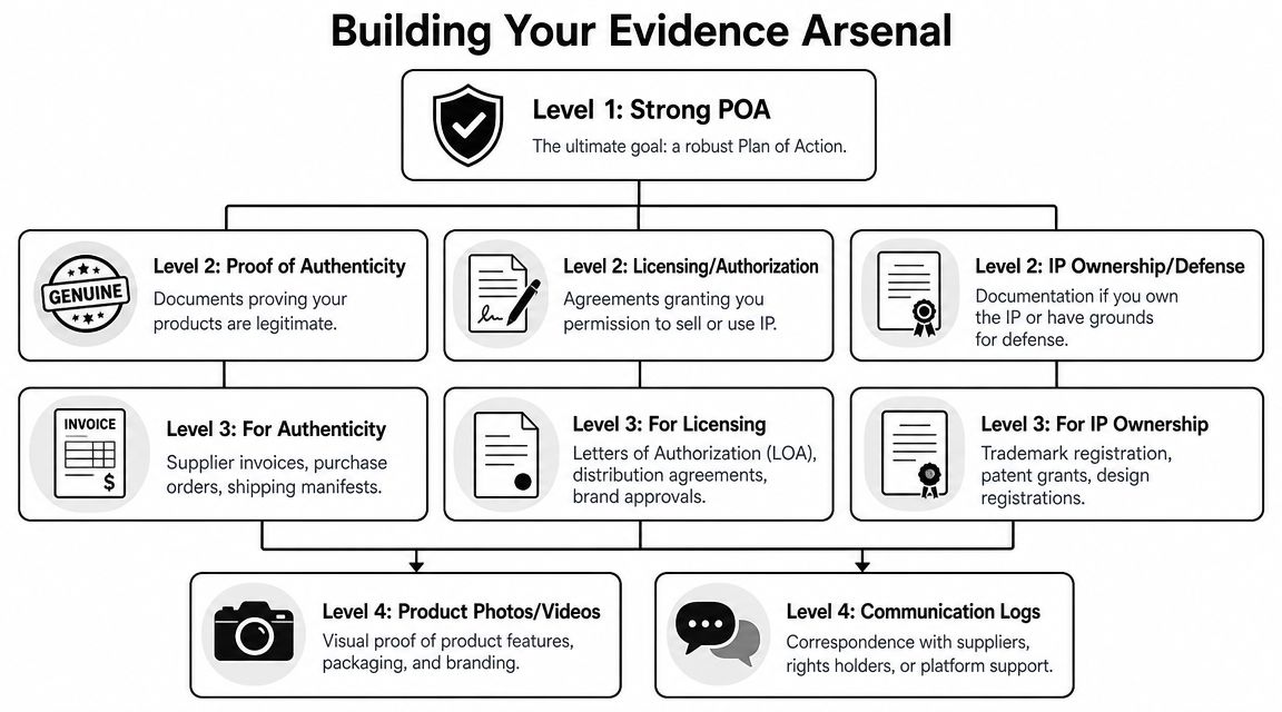 A hierarchical chart titled Building Your Evidence Arsenal, outlining the levels of documentation required for a Plan of Action.