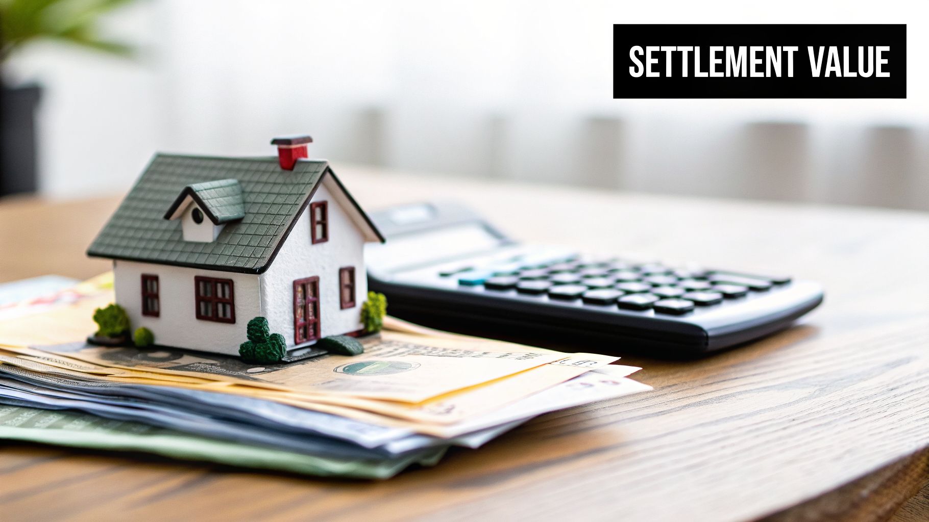 A miniature house model sits on stacks of money with a calculator and 'SETTLEMENT VALUE' text.