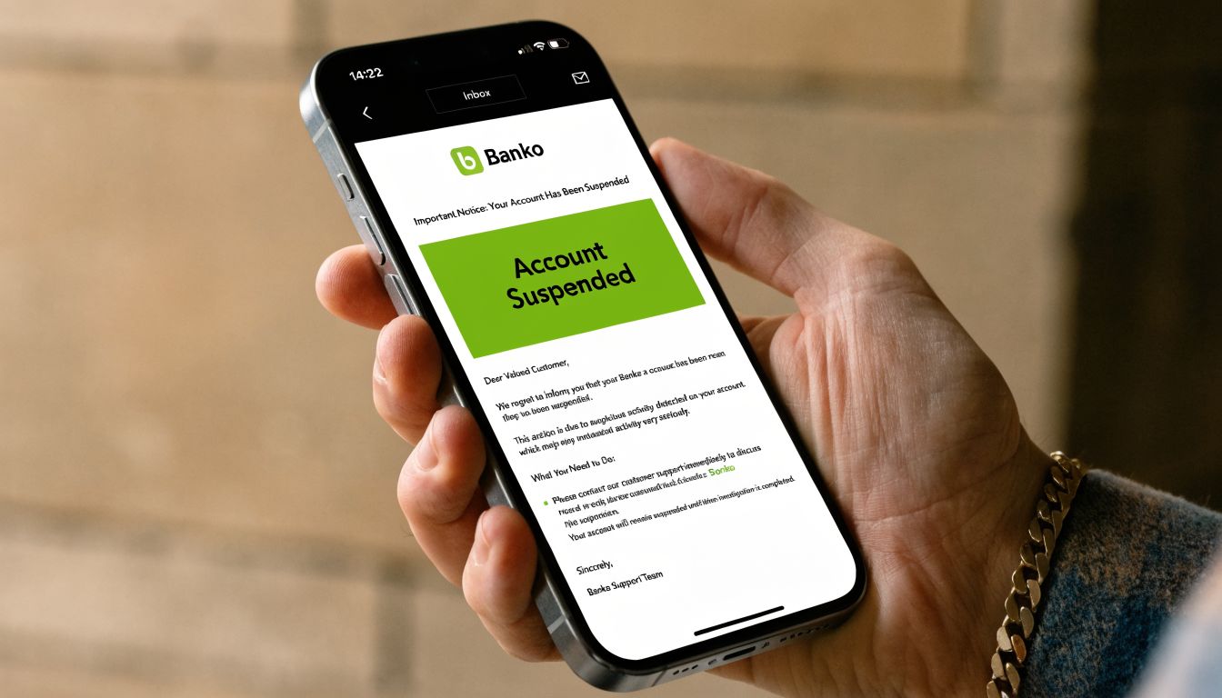 A close-up of a person holding a smartphone displaying a phishing bank account suspension email notification.