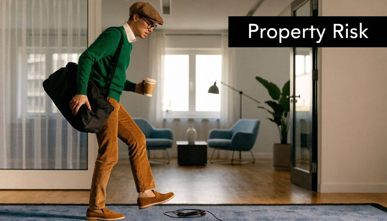 A man wearing a flat cap and green sweater trips over an electrical cord on a rug.