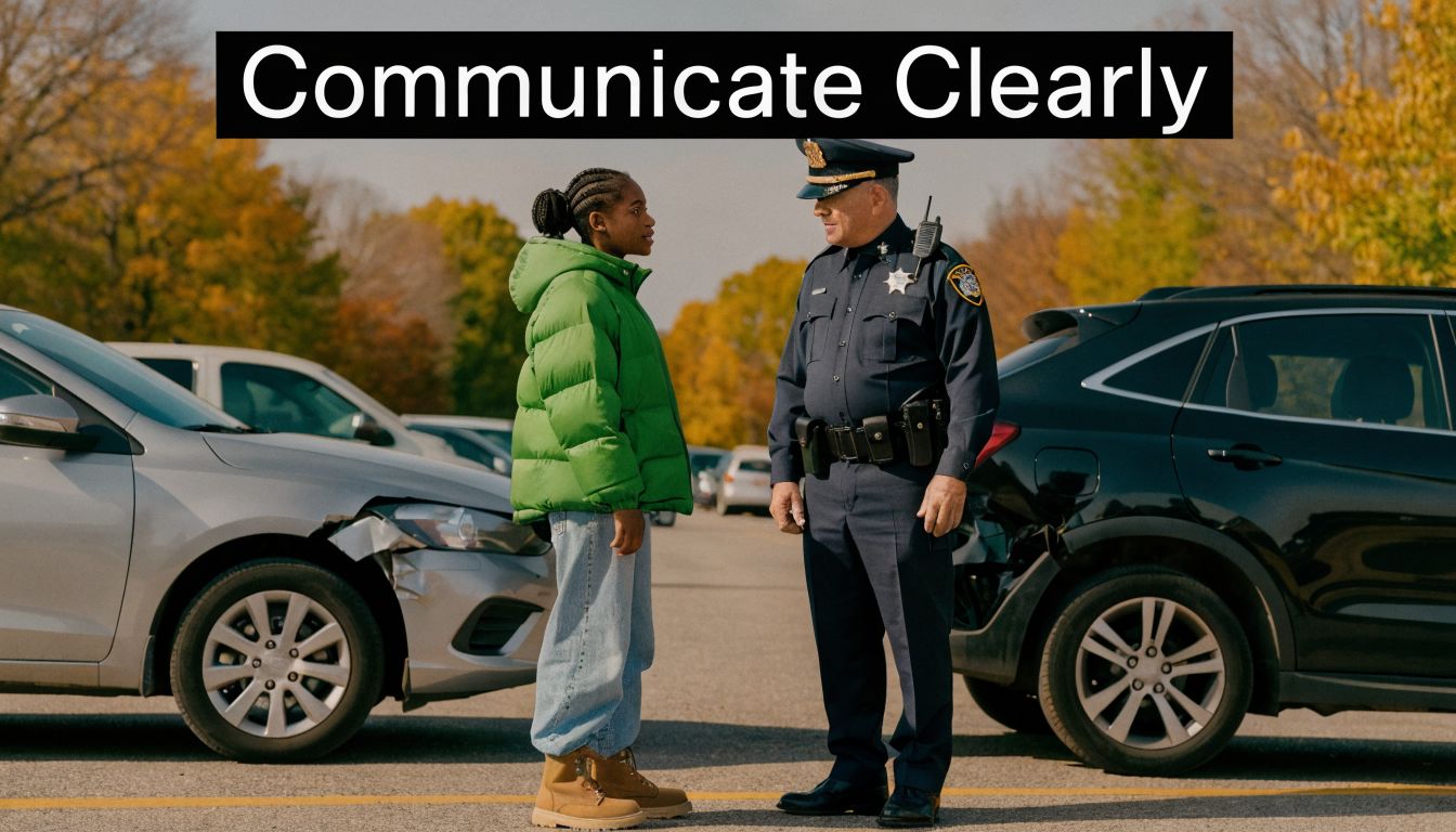 A young woman in a green jacket talking to a police officer at a car accident scene.