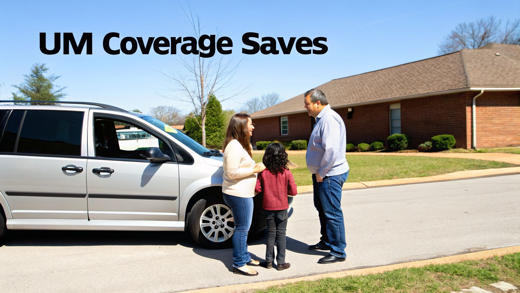A family stands next to a silver minivan on a residential street with 'UM Coverage Saves' text.